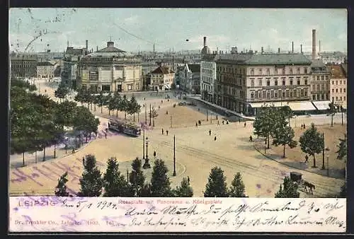 AK Leipzig, Rossplatz und Strassenbahn mit Panorama und Königsplatz