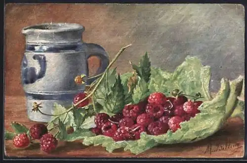 Künstler-AK M. Billing: Stilleben mit Himbeeren