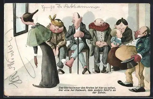 Künstler-AK Kranke und Verletzte im Arzt-Wartezimmer