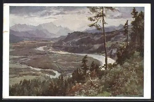 Künstler-AK Edward Theodore Compton: Rosental in Kärnten, Blick auf die Flusslandschaft im Tal