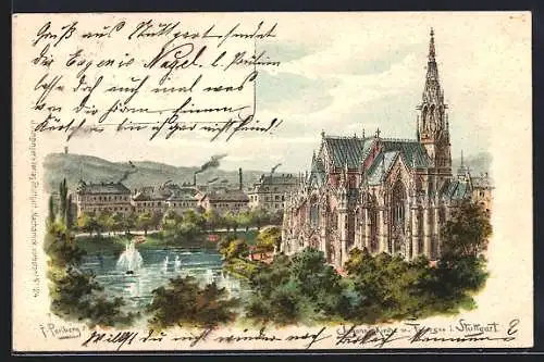 Künstler-AK Friedrich Perlberg: Stuttgart, Johanniskirche mit Feuersee