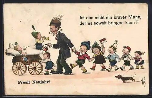 Künstler-AK Willi Scheuermann: Ist das nicht ein braver Mann?, Vater mit einer Schar Kinder