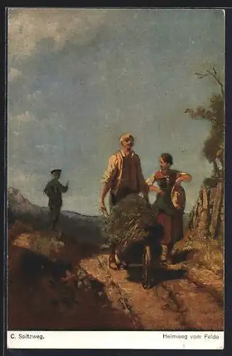 Künstler-AK Carl Spitzweg: Heimweg vom Felde, Bauernfamilie mit Schubkarre