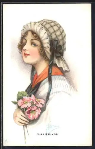 Künstler-AK Harrison: sign. Harrison: Miss Demure, Frau mit Mütze auf dem Kopf und Blumen in der Hand