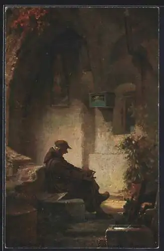 Künstler-AK Carl Spitzweg: Gähnender Mönch auf einer Bank