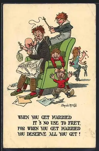 Künstler-AK Donald McGill: Mann überfordert von seiner Kinderschar, When you get married you deserve all you get