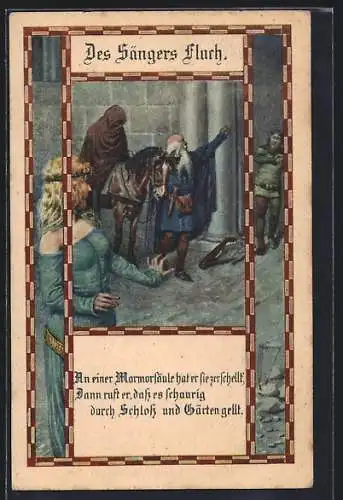 Künstler-AK Kuderna: Frau erschrickt vor vermummten Mann auf Pferd