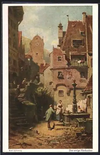 Künstler-AK Carl Spitzweg: Der ewige Hochzeiter, Szene an einem Brunnen