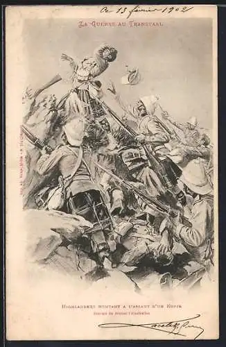 Künstler-AK La Guerre de Transvaal, Highlanders montant a l`assault d`un Kopje