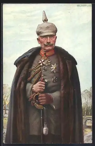 Künstler-AK Kaiser Wilhelm II in Uniform mit Pelzmantel und Pickelhaube