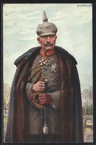 Künstler-AK Kaiser Wilhelm II. in Uniform mit Mantel und Pickelhaube