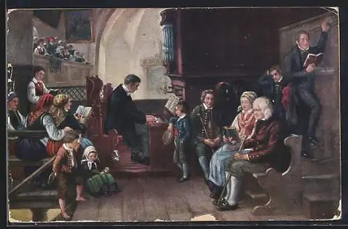 Künstler-AK Schwedische Dorfkiche, Kirchgänger singen an der Orgel