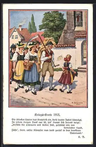 Künstler-AK A. Greiner: Kriegs-Ernte 1915, Bauern mit Sense und Apfelkorb