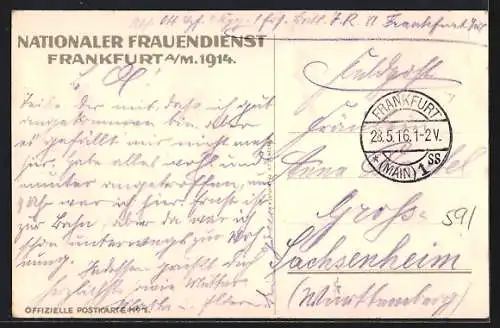 Künstler-AK sign. Lina von Schauroth: Frankfurt / Main, Nationaler Frauendienst, Offizielle Postkarte No. 1