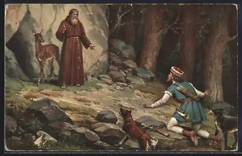 Künstler-AK Der Heilige Prokop im Wald mit dem Jäger Oldrich
