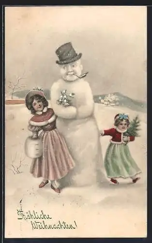 AK Zwei Mädchen und Schneemann mit Mistelzweigen, Weihnachtsgruss