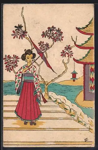 AK Dame mit Schirm am Wasser neben einem Pagodenhaus, Geisha