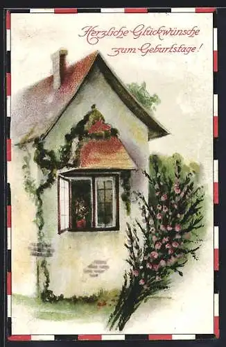 Künstler-AK Haus mit offenem Fenster, Geburtstagskarte