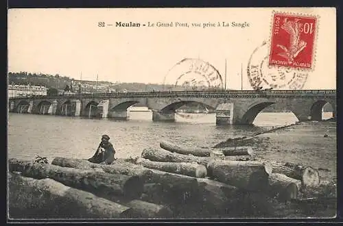 AK Meulan, Le Grand Pont, vue prise à La Sangle