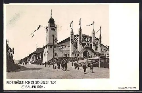 AK St. Gallen, Eidgenössisches Schützenfest 1904, Besucher vor der Festhalle