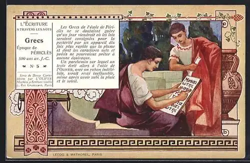 Künstler-AK L`Écriture a travers les Ages: Époque de Périclés, Griechen mit einer Schreibtafel
