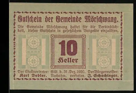 Notgeld Mörschwang 1920, 10 Heller, filigranes Muster mit Text und Ornamenten