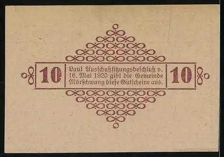 Notgeld Mörschwang 1920, 10 Heller, filigranes Muster mit Text und Ornamenten