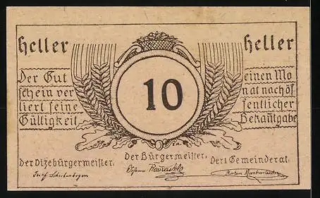 Notgeld Munderfing, 10 Heller, Industrielandschaft mit Bergen und Emblem mit Ähren
