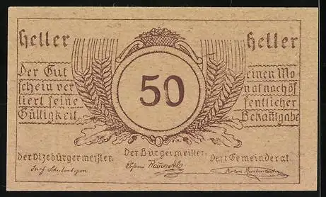 Notgeld Munderfing, 50 Heller, Dorflandschaft mit Kirche und Wappenornamenten