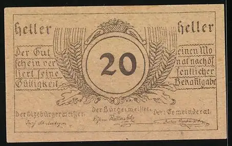 Notgeld Munderfing, 20 Heller, traditionelles Haus und Ornamente