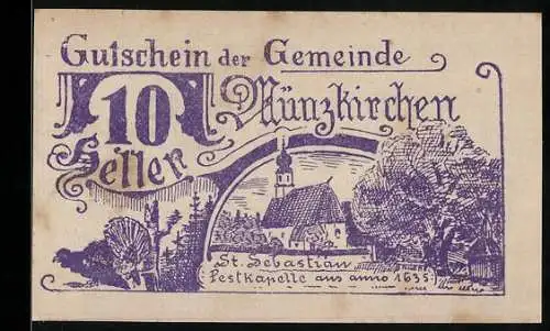 Notgeld Münzkirchen 1920, 10 Heller, St. Sebastian Pestkapelle von 1635