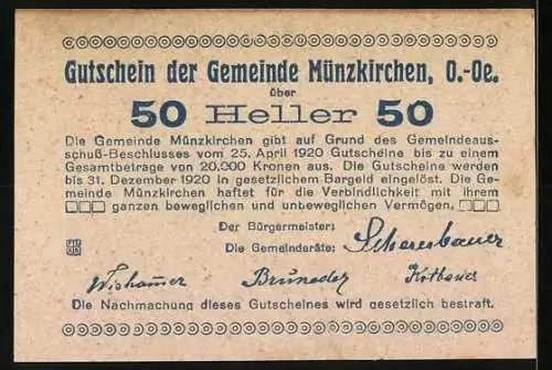 Notgeld Münzkirchen 1920, 50 Heller, Stadtansicht und Text über Ausgabe der Gemeinde