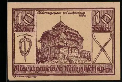 Notgeld Mürzzuschlag 1920, 10 Heller, Bärenkogelhaus und Bergsteigermotive