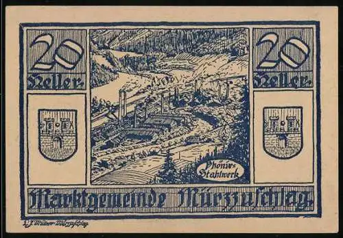 Notgeld Mürzzuschlag 1920, 20 Heller, Motiv Stahlwerk mit Wappen und Signaturen