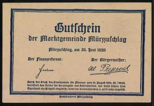 Notgeld Mürzzuschlag 1920, 20 Heller, Motiv Stahlwerk mit Wappen und Signaturen