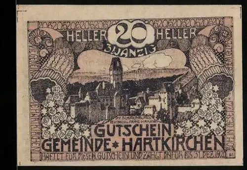 Notgeld Hartkirchen 1920, 20 Heller, Stadtansicht mit Schloss Schaumburg und floralen Mustern