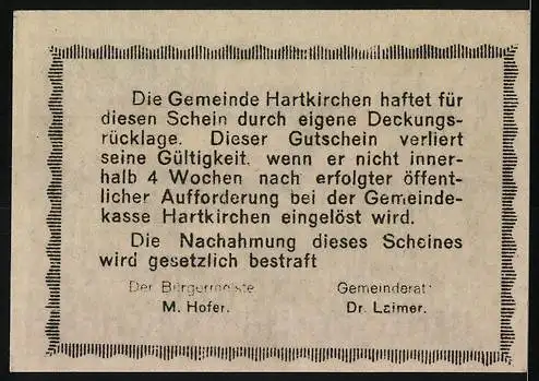 Notgeld Hartkirchen 1920, 20 Heller, Stadtansicht mit Schloss Schaumburg und floralen Mustern