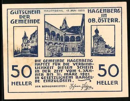 Notgeld Hagenberg 1920, 50 Heller, historische Gebäude und Bauer mit Pferd, Fisch und Hirsch-Motive