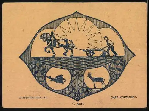 Notgeld Hagenberg 1920, 10 Heller, Stadtansichten und Bauer mit Pferdepflug, Sonnenmotiv
