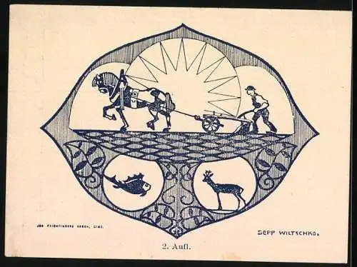 Notgeld Hagenberg 1920, 50 Heller, Architektur und Pflüger mit Pferd unter Sonne und Tiermotiven