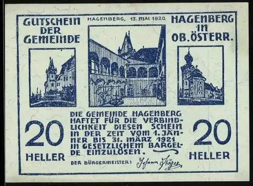 Notgeld Hagenberg 1920, 20 Heller, Gebäudeansichten und Pflügender Bauer mit Tieren im Ornament