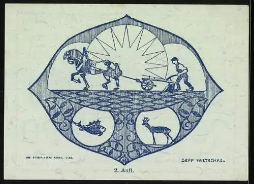 Notgeld Hagenberg 1920, 20 Heller, Gebäudeansichten und Pflügender Bauer mit Tieren im Ornament