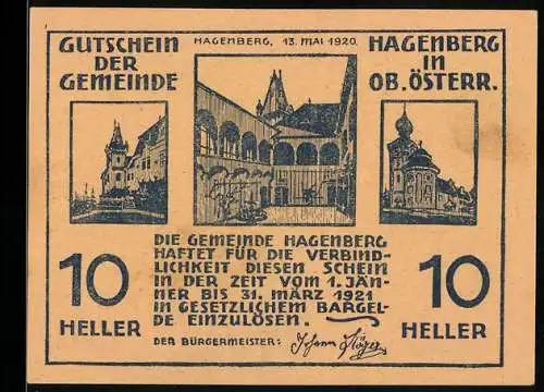 Notgeld Hagenberg 1920, 10 Heller, Architektur und Pflüger mit Pferd, Fisch und Reh-Motive