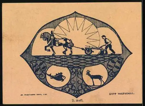 Notgeld Hagenberg 1920, 10 Heller, Architektur und Pflüger mit Pferd, Fisch und Reh-Motive