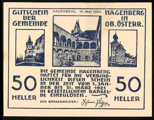 Notgeld Hagenberg 1920, 50 Heller, Stadtansichten und Bauer mit Pferd und Pflug, Sonne, Fisch, Hirsch