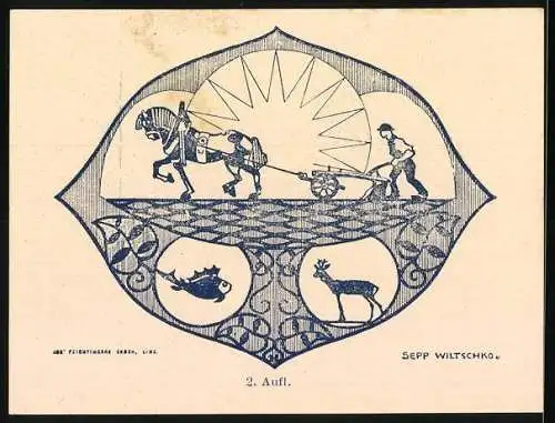 Notgeld Hagenberg 1920, 50 Heller, Stadtansichten und Bauer mit Pferd und Pflug, Sonne, Fisch, Hirsch