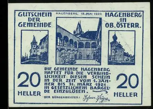 Notgeld Hagenberg 1920, 20 Heller, Kirche und Bauer mit Pferd vor Sonne, Fisch und Reh