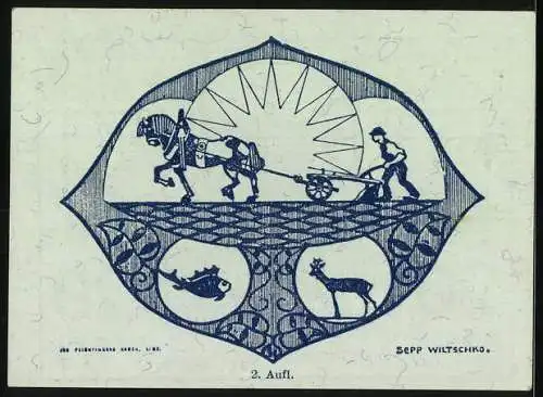 Notgeld Hagenberg 1920, 20 Heller, Kirche und Bauer mit Pferd vor Sonne, Fisch und Reh