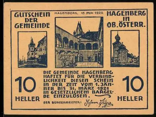 Notgeld Hagenberg 1920, 10 Heller, Gebäudeansichten und Pflugmotiv mit Tieren, 2. Auflage