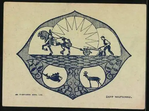 Notgeld Hagenberg 1920, 50 Heller, Architekturansichten und Pflüger mit Pferd unter aufgehender Sonne